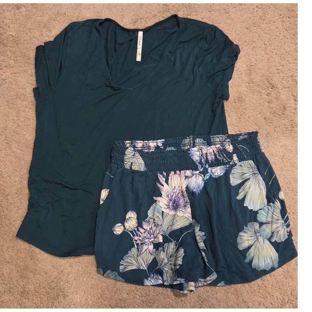 Soma Cool Nights Pajama Set Med Teal Floral Short Sleeve Top Shorts Sleepwear